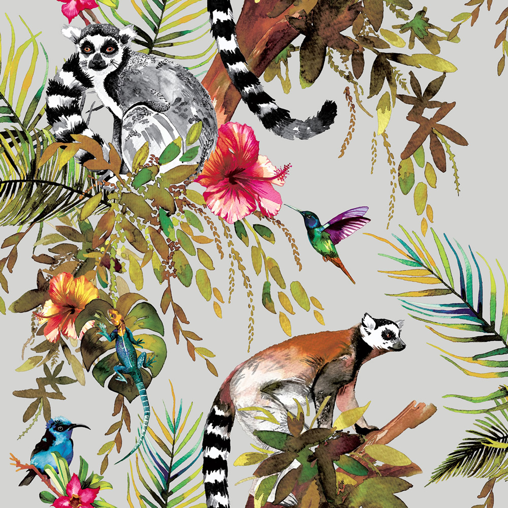Holden Decor Lemur Silver & Multi Wallpaper - 10.05m x 53cm