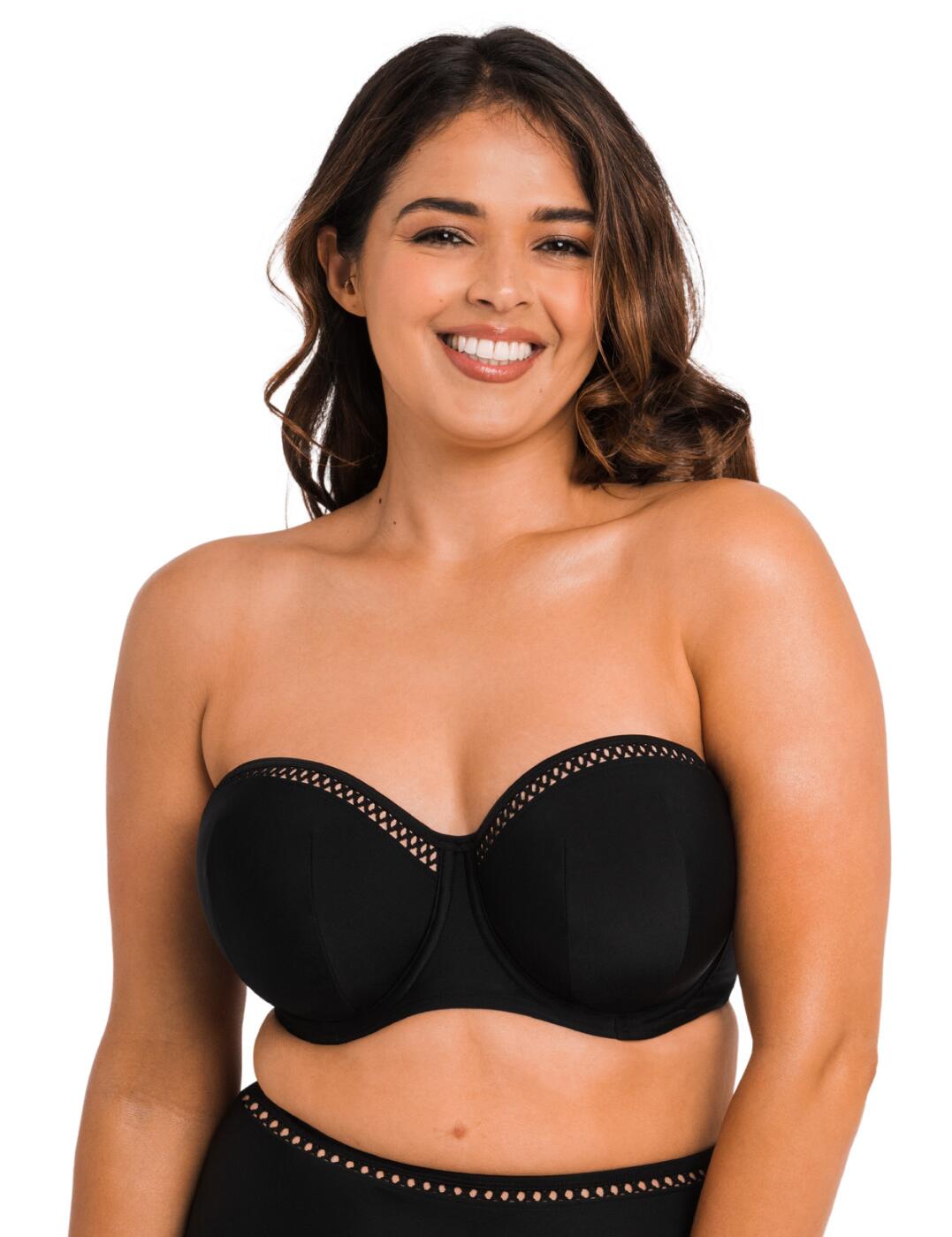 The First Class experience in classic swimwear is exactly what you'll get with this bandeau from Curvy Kate. The flattering balcony style neckline is sure to accentuate your curves. You can wear this bandeau with the multiway straps for a more comfortable fit, or choose to go without them to tempt everyone by showcasing your lovely decolletage. A cute criss-cross pattern on top of the cups and band provides a trendy twist to this simplistic design. The underwiring and padding of the cups is sure to provide a comfortable and shaping fit, with the added underband length for swimwear comfort.  Flattering balcony-style neckline Smooth elastic material Adjustable and detachable multiway shoulder straps Swimwear clicker back closure Underwired Padded Wear with matching coordinates Country of origin: China Listed in UK sizes  54197-96914-1252485 CS020307 Padded Balcony Bikini Top
