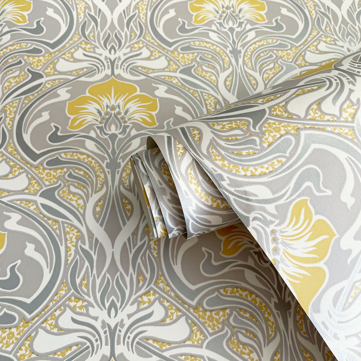 Crown Wallpapers Retro Damask Wallpaper Vintage Flora Nouveau Metallic Silver Grey Yellow, Yellow
