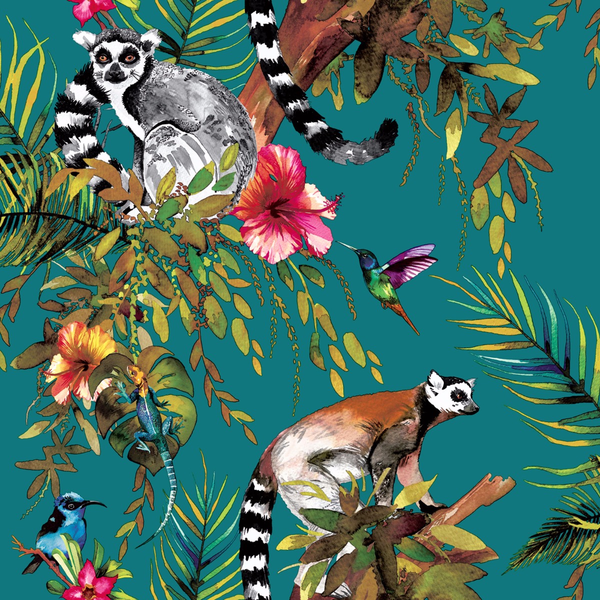 Holden Decor Lemur Teal/Multi Wallpaper 10m x 53cm, Multi