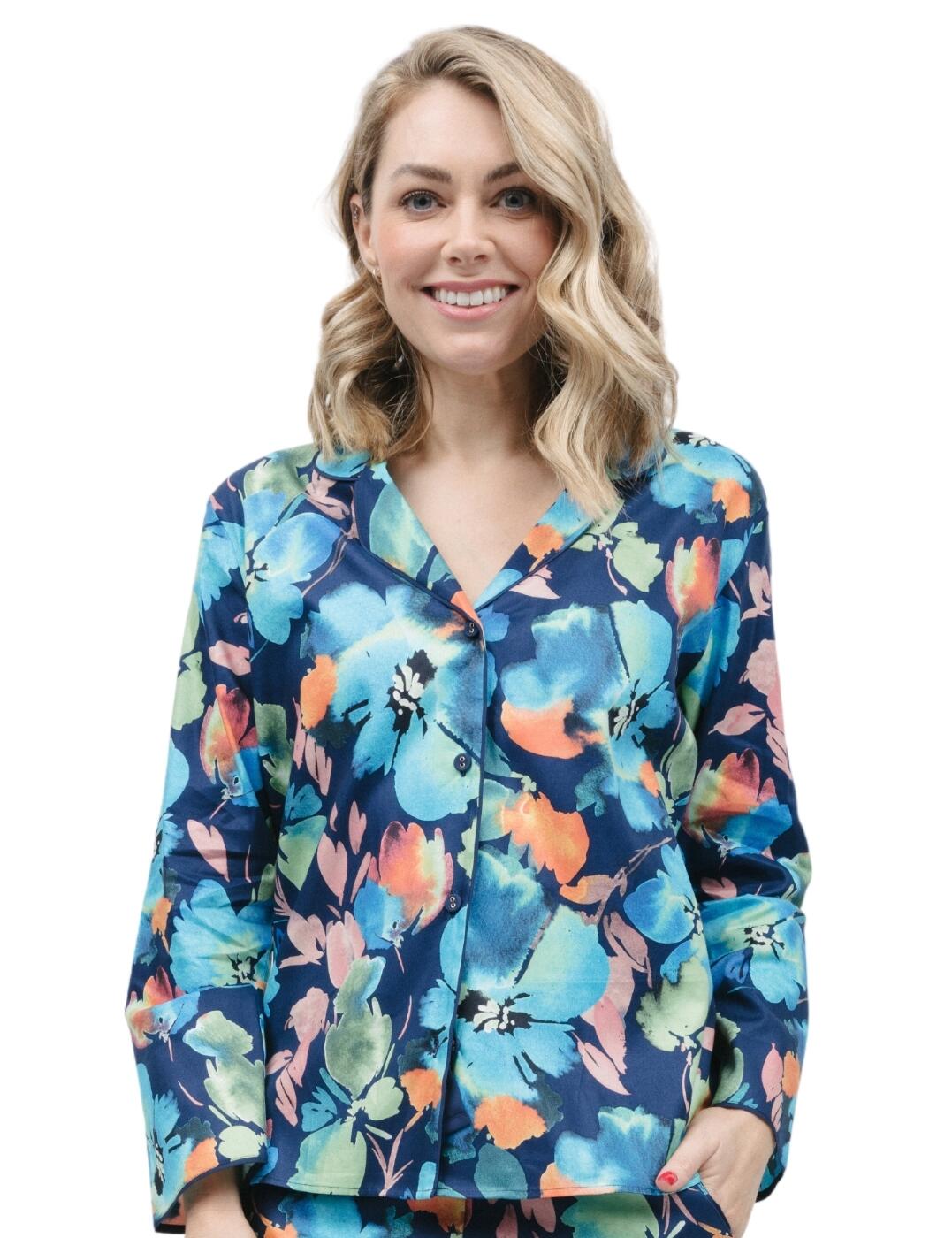 Indulge in ultimate comfort and style in the Bea collection from Cyberjammies. Decorated in a vibrant floral print, this pyjama top is a nod to old-fashioned elegance with this timeless design. Crafted for breathability and softness as you relax into a well-deserved night in. Plus, its revere collar and navy modal-covered buttons exude modern sophistication for an added touch of style. And because everyone has different body shapes, the bottom hem is shaped to create a feminine silhouette that flatters all figures. Plus, make sure you shop all the matching coordinates to complete your staple look!  Sleeve pyjama top Classic design Vibrant pattern with added piping Button up front Sophisticated collar Country of origin: India Composition: 60% Cotton &pipe; 40% Modal Listed in UK Sizes  9735-8 9735 Loungewear