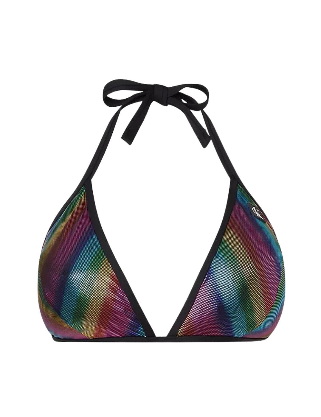 Add a touch of colour to your swimwear collection whilst showing your support for pride with this plus-size triangle bikini top. From the Pride range by Calvin Klein, it features a rainbow design across the cups with a high shine finish. The triangle cup style creates a deep plunging neckline which showcases your amazing cleavage whilst the padding gives an extra lift and boost but can also be removed for a more natural look. It has the classic straps which tie into a halterneck and has a tie back allowing you to create your perfect fit. Made complete with a CK logo at the top of the cup.  Plus size triangle bikini top Rainbow design for Pride High shine finish Deep plunging neckline Removable padding Halterneck straps and tie-back closure allows for a custom fit CK logo at the top of the cup Country of origin: China Composition: 83% Recycled Polyamide &pipe; 17% Elastane Listed in UK sizes  56493-100259-1301009 KW0KW01828  Halter Bikini Top