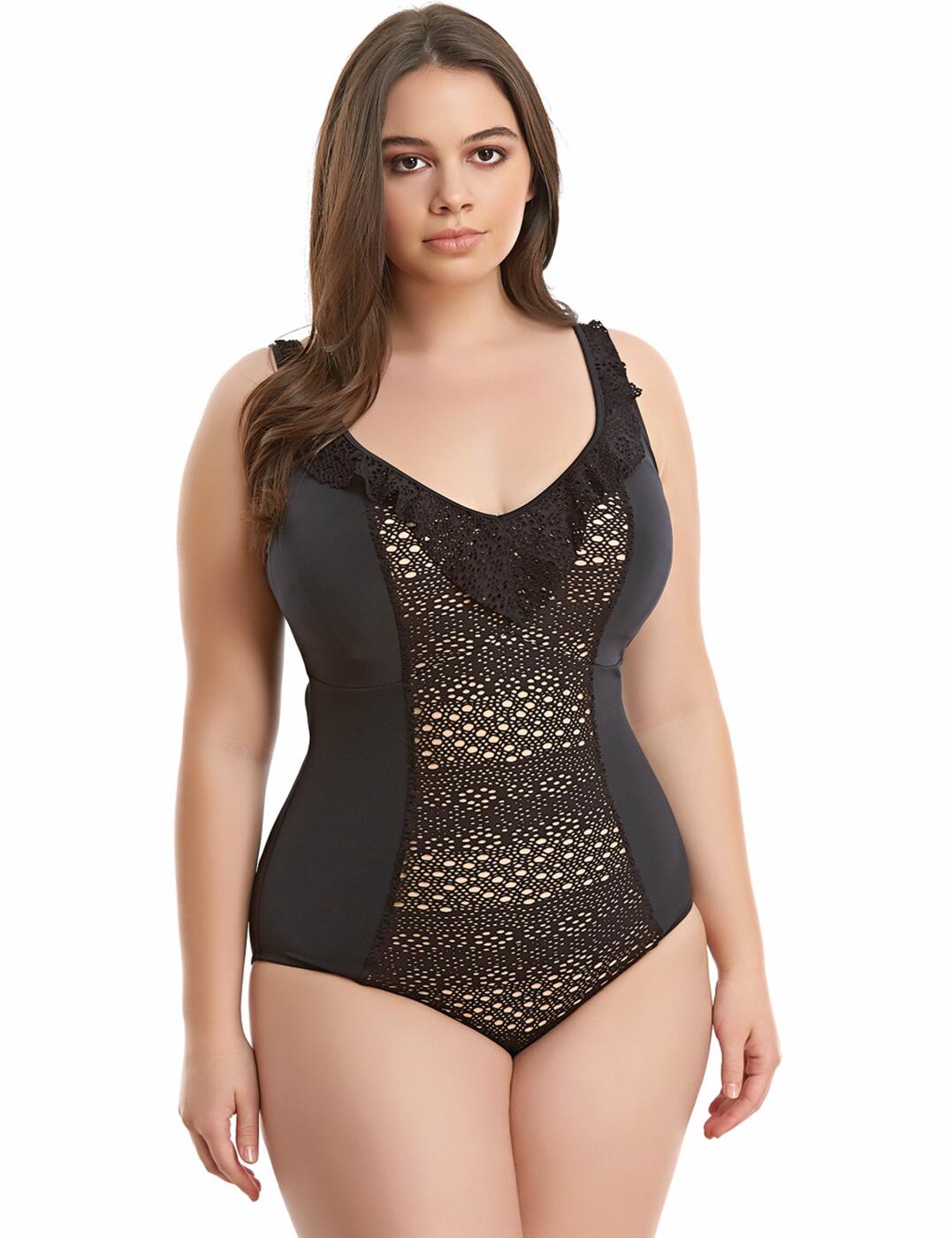 Relaxing by the pool this season has never looked so good in the gorgeous new Indie Range by Elomi. Love your curves in the luxurious on-trend designs and contemporary black, looking good has never been so easy.  Clever design means you can wear a swim bra underneath for extra support Crochet design with beige underlay to prevent transparency Hidden control panel over the stomach Flattering V-neckline Light foam moulded cups Supportive, heavy weight fabric Underwired for a supportive fit Finished with frilly ruffle edging to emphasise your assets Matching co-ordinates available Listed in UK sizes  19303-42652-503800 7530 Black