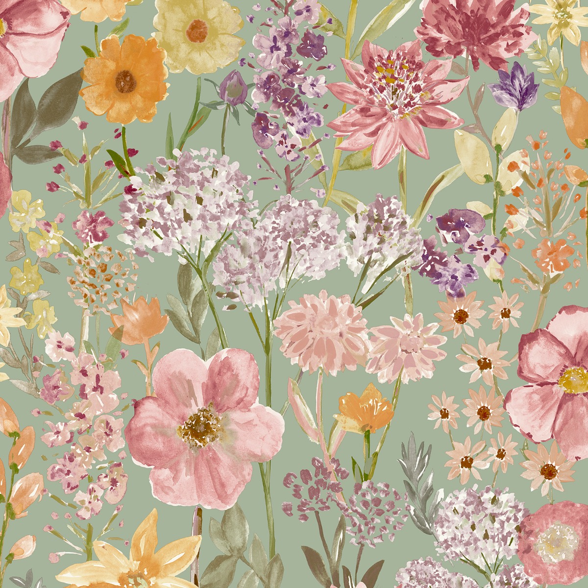 Grandeco Spring Wild Flowers Trail Smooth Wallpaper 10m x 53cm Sage Green, Green