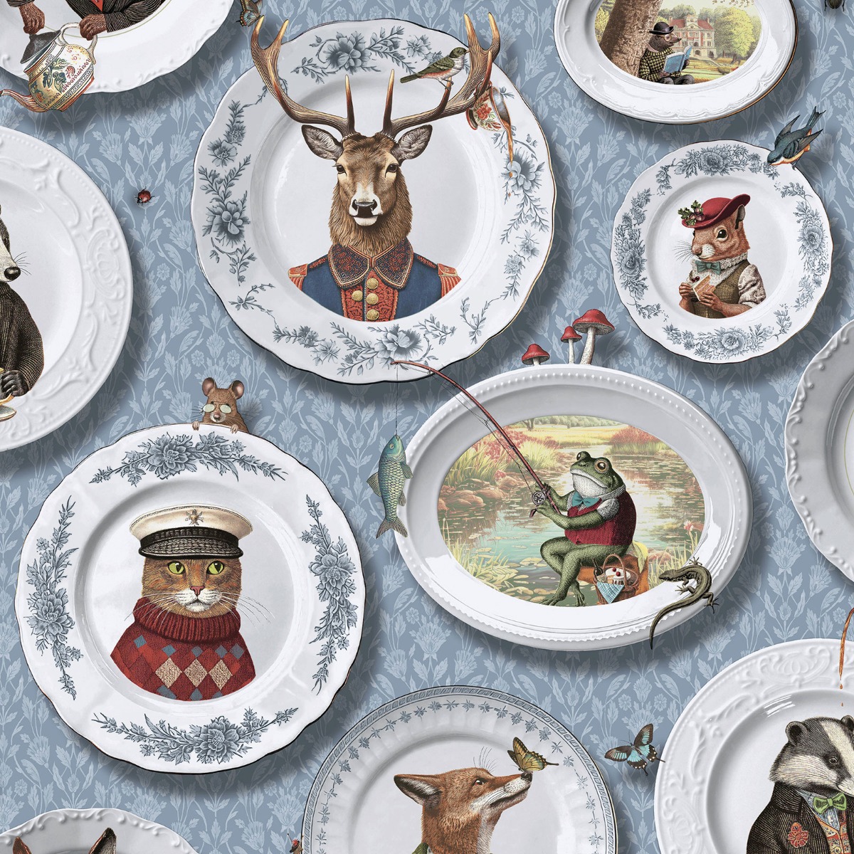 Animals Vintage Tea Party Wallpaper Blue Holden 13941