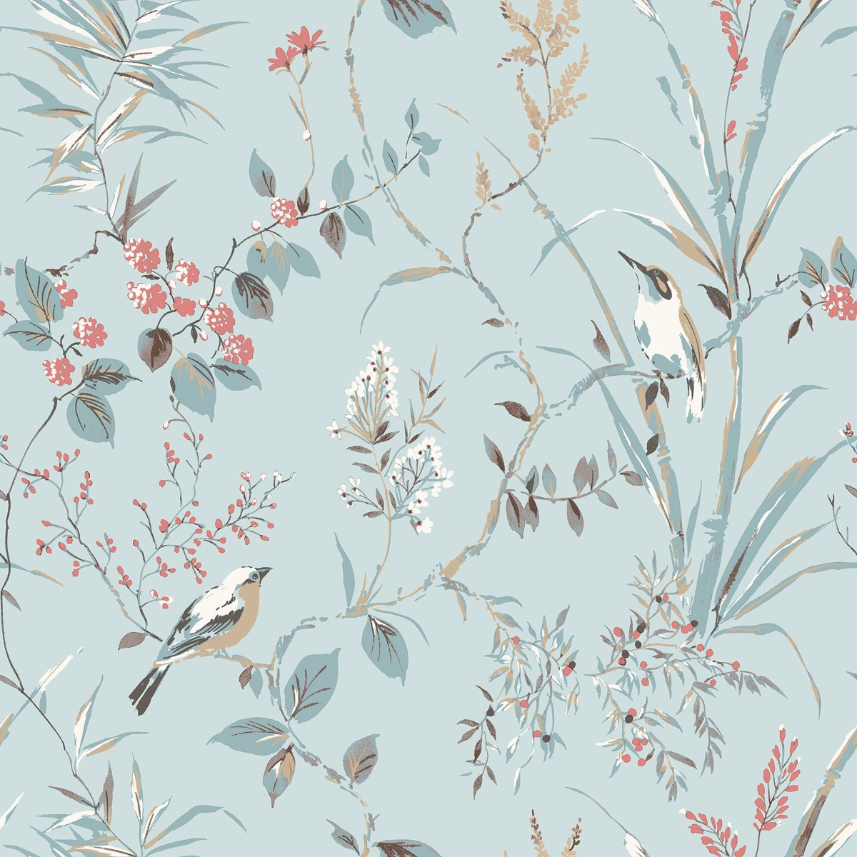 Crown Wallpapers Mariko Blue Wallpaper Floral Treebird Metallic Stylish Feature Wall, Blue