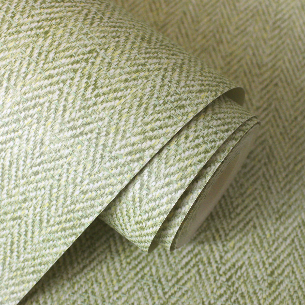 Crown Wallpapers Harris Tweed Herringbone Plain Green Wallpaper Luxury Fabric Effect, Green