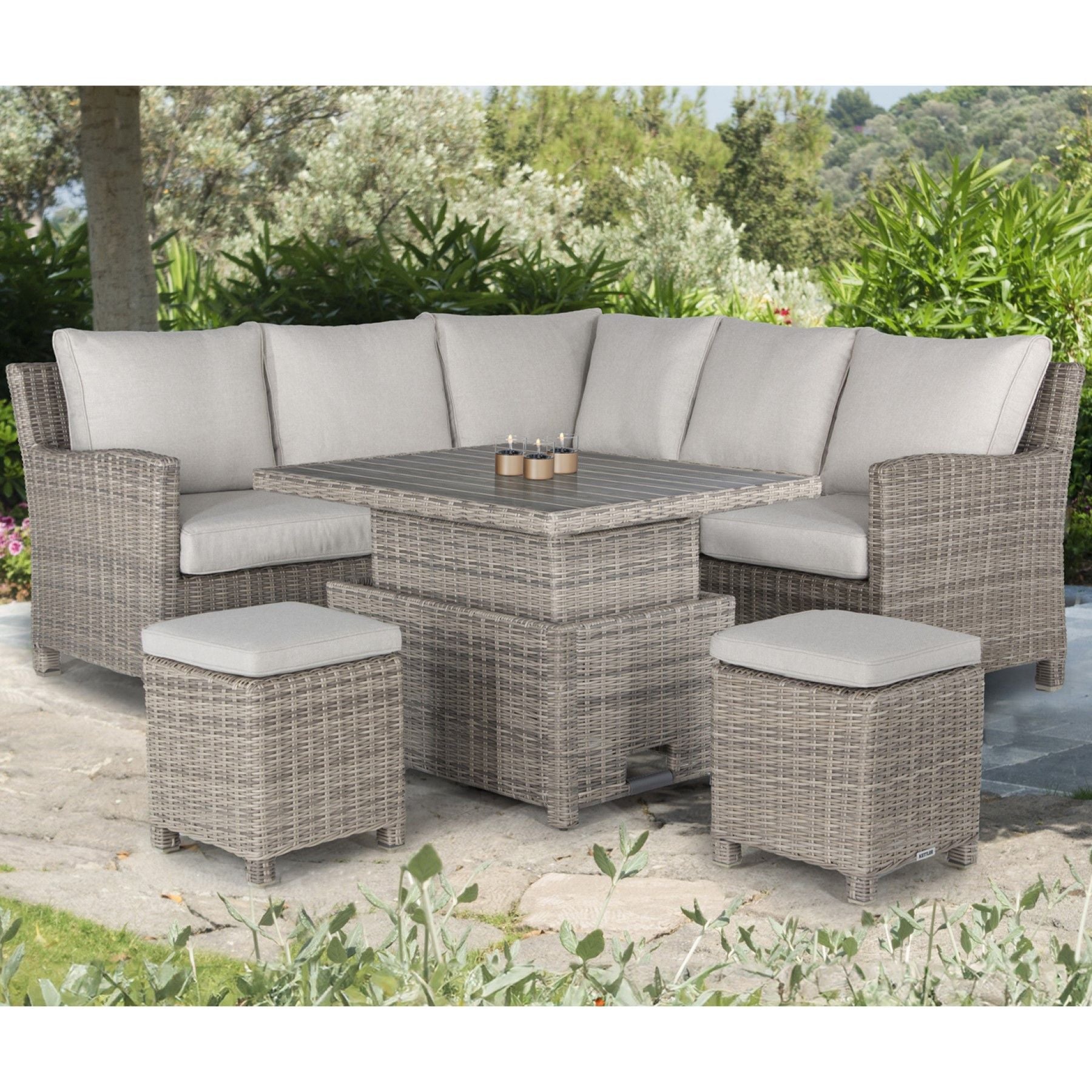 Kettler Palma Signature Mini Corner Oyster Wicker Outdoor Sofa Set with High Low Slat Top Table