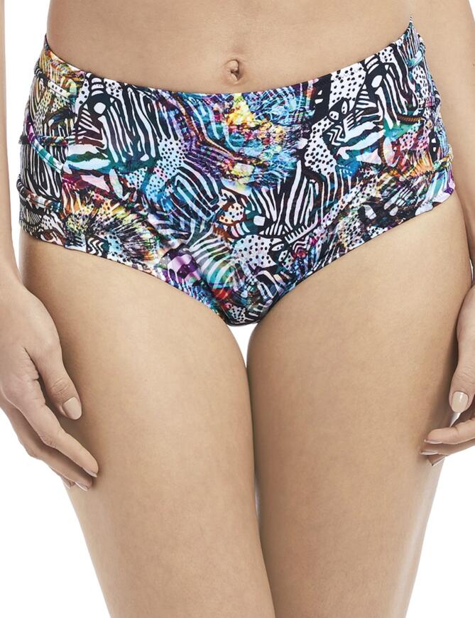 Stand out at the beach, this summer, in the all new Hot in Havana range by Freya! Adorned in psycho-tropical prints, paired with feminine styling, this range is on-trend for this season! Boasting a retro, high waist design, this bikini brief offers excellent rear coverage and rouleau detailing at the sides. Pair with matching co-ordinates to create the perfect look!  High waist brief Retro inspired style Long leg line Rouleau detailing at sides Bright, colourful print Matching co-ordinates available Composition: 84% Nylon &pipe; 16% Elastane  Listed in UK sizes      31615-58708-743478 2905 High Waist Bikini Brief