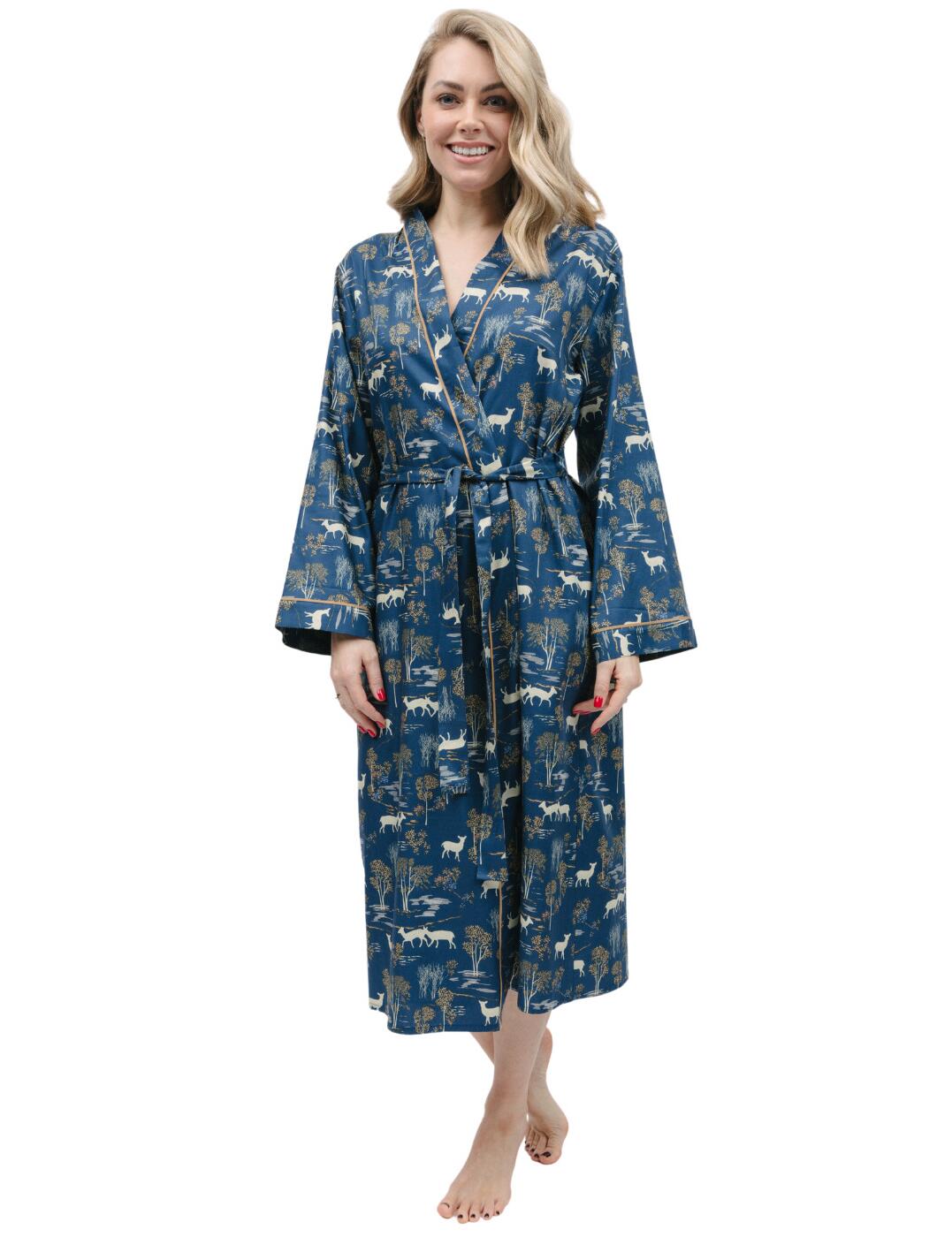 Are you looking for something special to complete your sleepwear wardrobe? The Cyberjammies Fawn long dressing gown is the perfect choice! This kimono-style design ensures maximum comfort while providing a chic, sophisticated look. The 3/4 length paired with the belt tie waist comfortably hugs your body, allowing you to lounge in style! To go perfectly with this classic gown, matching sleepwear is also available - so you can feel confident and stylish all night long. So why not give yourself this luxurious indulgence today and experience sweet dreams tonight?  Perfect long dressing gown Kimono style Belt tie waist 3/4 length Comfortable and chic design Matching sleepwear available Country of origin: India Composition: 60% Cotton &pipe; 40% Modal Listed in UK sizes  9826-8 9826 Dressing Gown