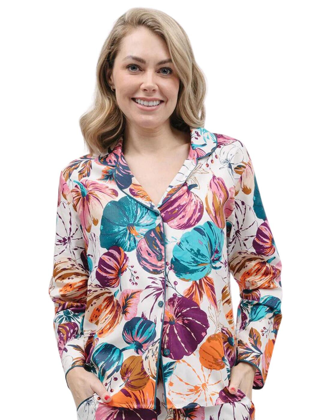 Snuggle up in style with Cyberjammies Maple pyjama top! This cosy pyjama top is perfect for keeping you warm and comfy, with a soft and breathable fabric. Featuring a feminine pumpkin print, your friends and family will be jealous of this look! Contrasting trims add a stylish and sophisticated twist, while the button-down fastening makes it easy to take off and on. The long sleeves are perfect for colder nights, and you can rely on the matching coordinates for a complete look.  Cosy pyjama top Pumpkin print Soft and breathable fabric Long sleeves for warmth Contrasting trims Button-down fastening Matching coordinates available Country of origin: India Composition: 60% Cotton &pipe; 40% Modal Listed in UK sizes  9896-8 9896 Loungewear