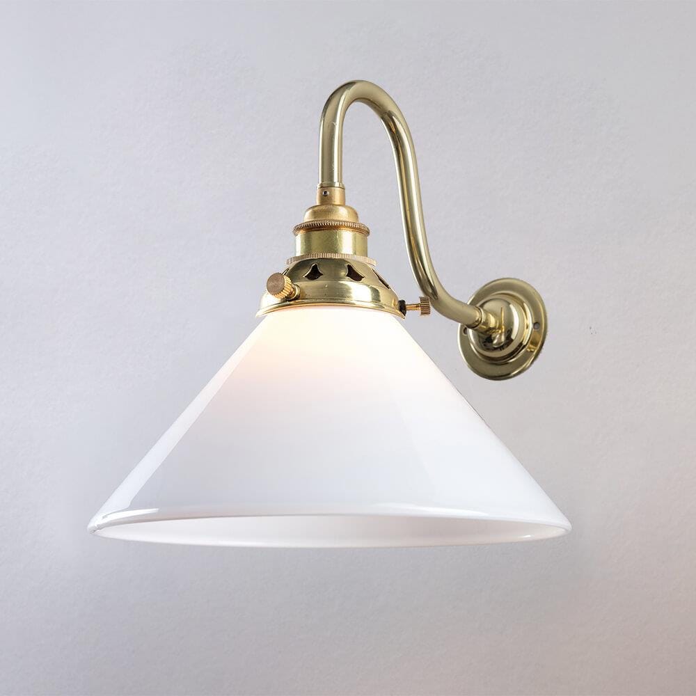 Old School Electric Conical Glass Wall Light E27 Polished Brass White