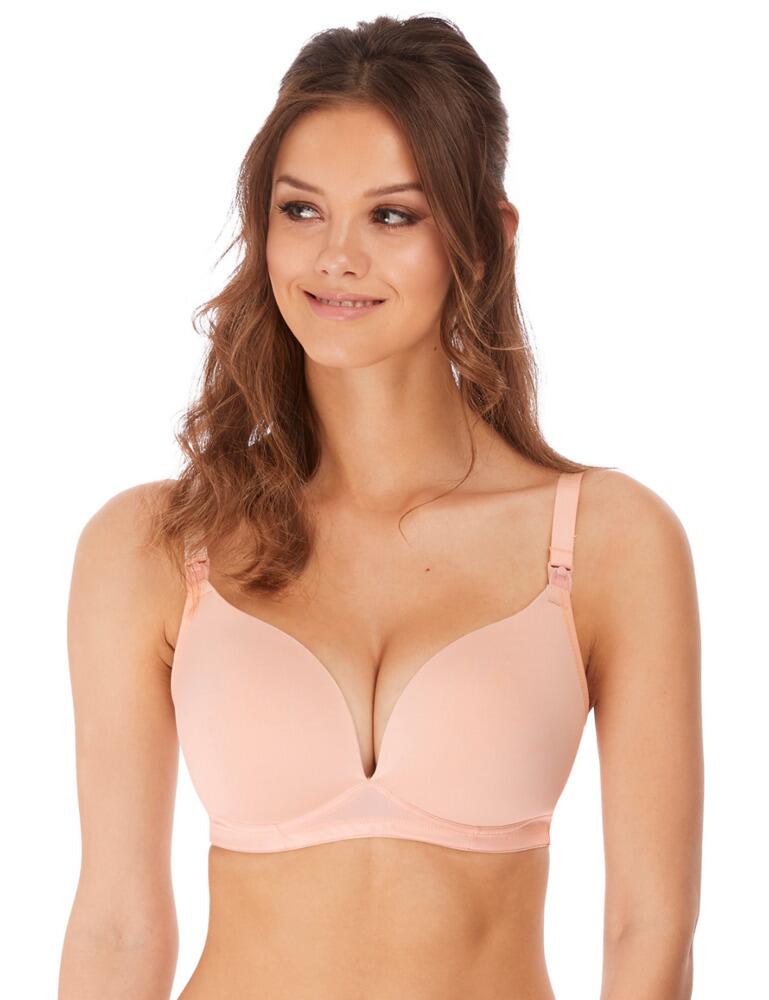 Freya has designed the perfect lingerie for new mums. The Erin bra features a smooth, seam-free finish for utmost wearing comfort. The ever so popular Deco soft cup bra re-invented with an easy clasp opening and internal strap for support when breastfeeding. The cups are moulded with a plunging neckline, remaining completely smooth under clothing. Finished with six rows of hook and eyes for added stability and comfort.  Feminine maternity bra Easy clasp at the apex Moulded wireless cups Adjustable shoulder straps Hook and eye closure Composition: 63% Nylon/Polyamide &pipe; 19% Elastane &pipe; 18% Polyester Listed in UK sizes  46858-85791-1142205 3230 Soft Nursing Bra