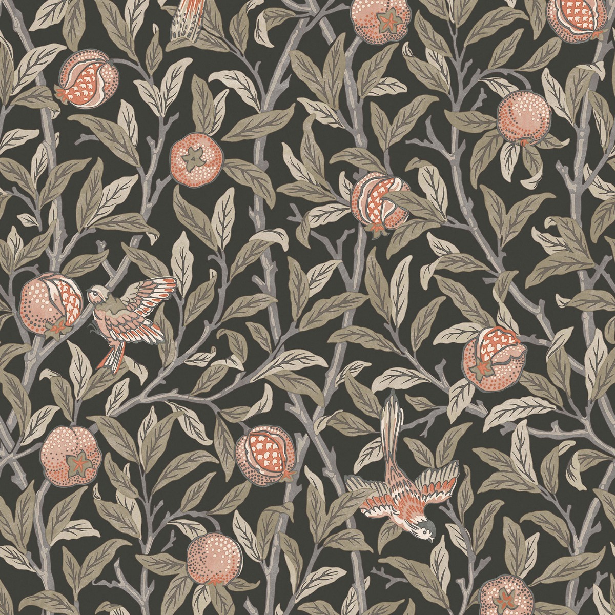 William Morris At Home Bird & Pomegranate Charcoal Wallpaper - 10m x 52cm