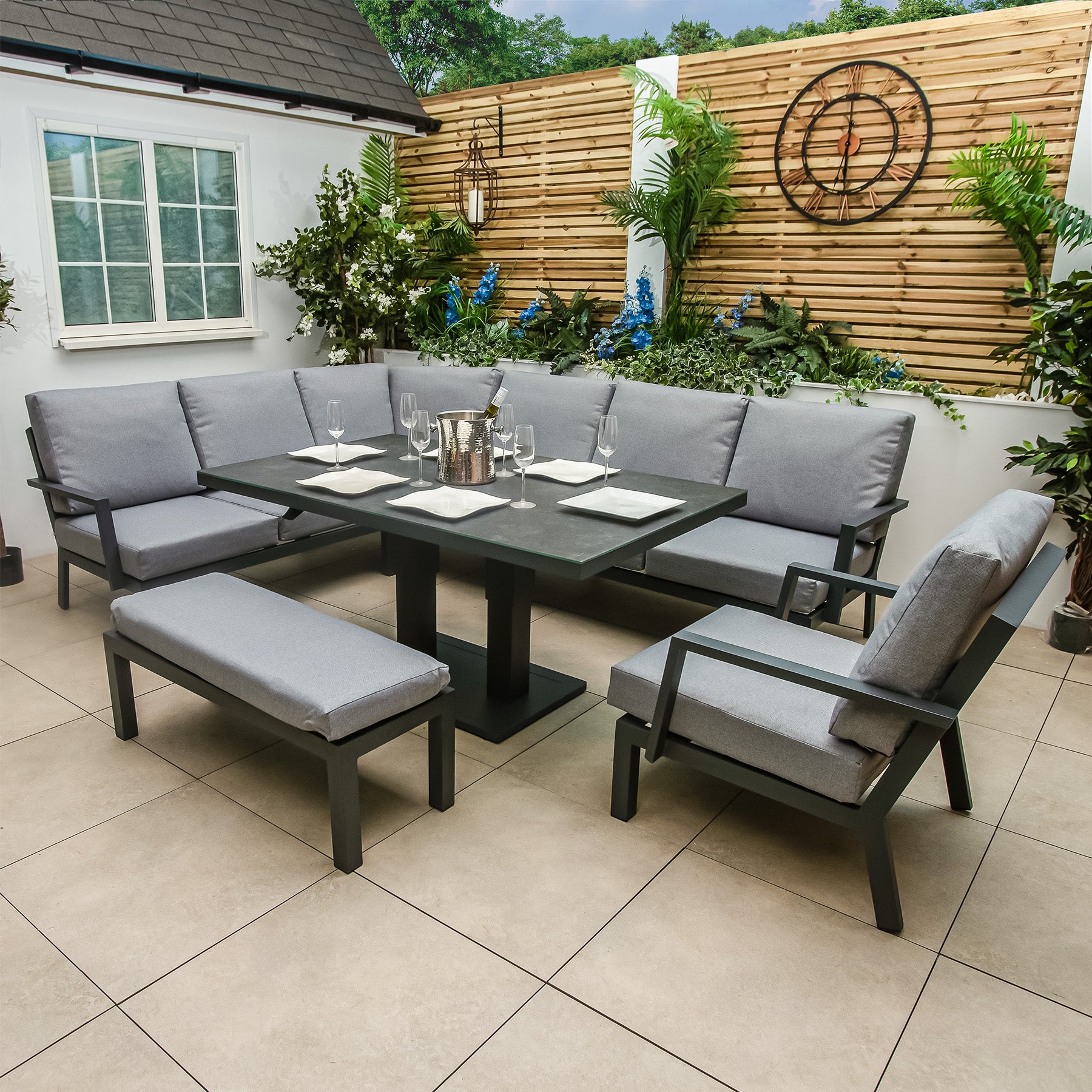 Bracken Outdoors Miami Dark Aluminium Rectangular Corner Set with Adjustable Table Bench...