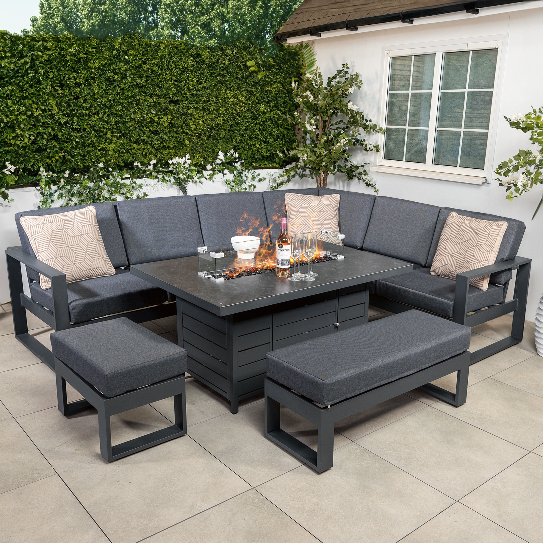 Bracken Outdoors Portland Aluminium Corner Garden Furniture Set with Fire Pit Table