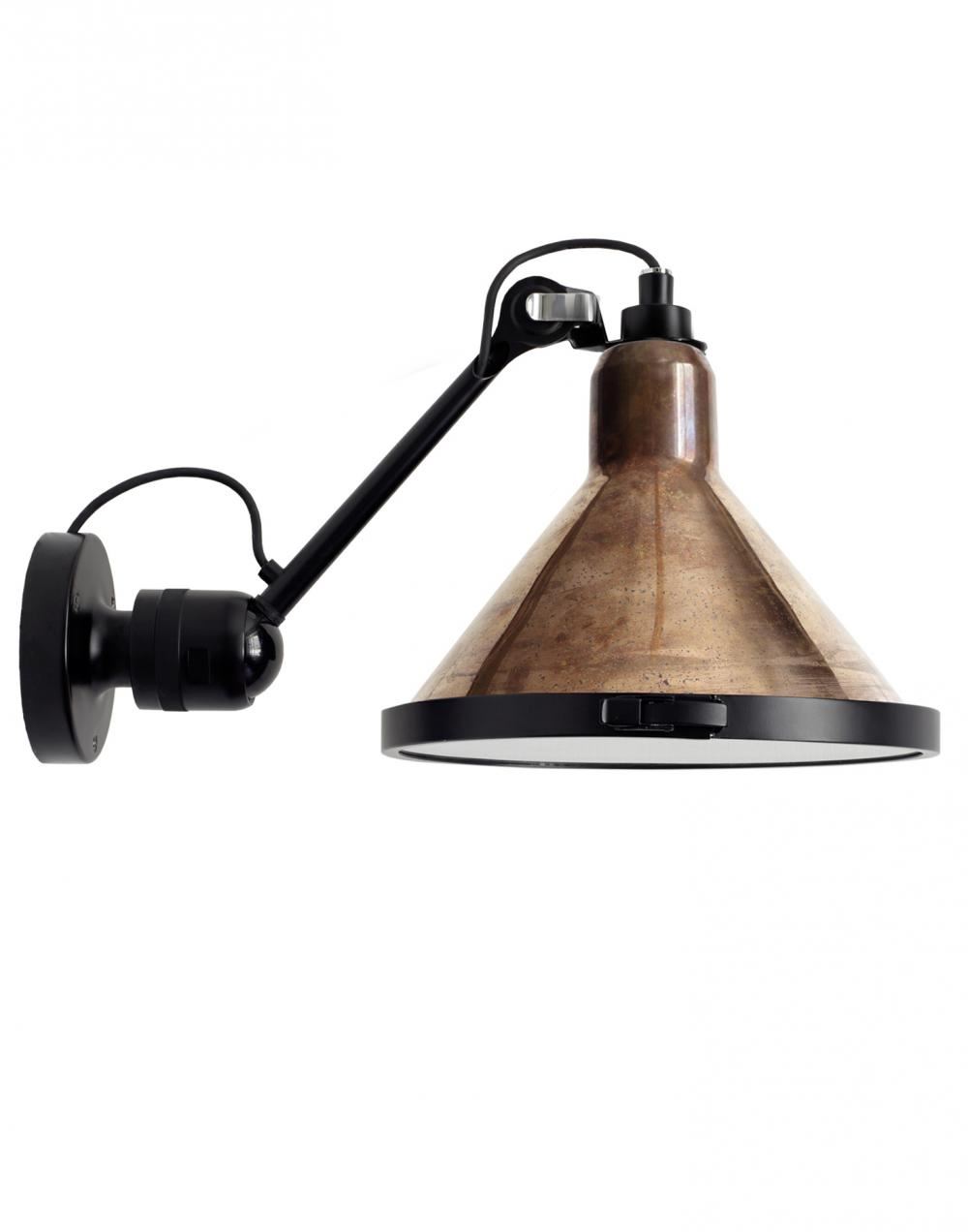 Lampe Gras 304 Xl Outdoor Wall Light Black Arm Raw Copper Shade With White Interior Conic