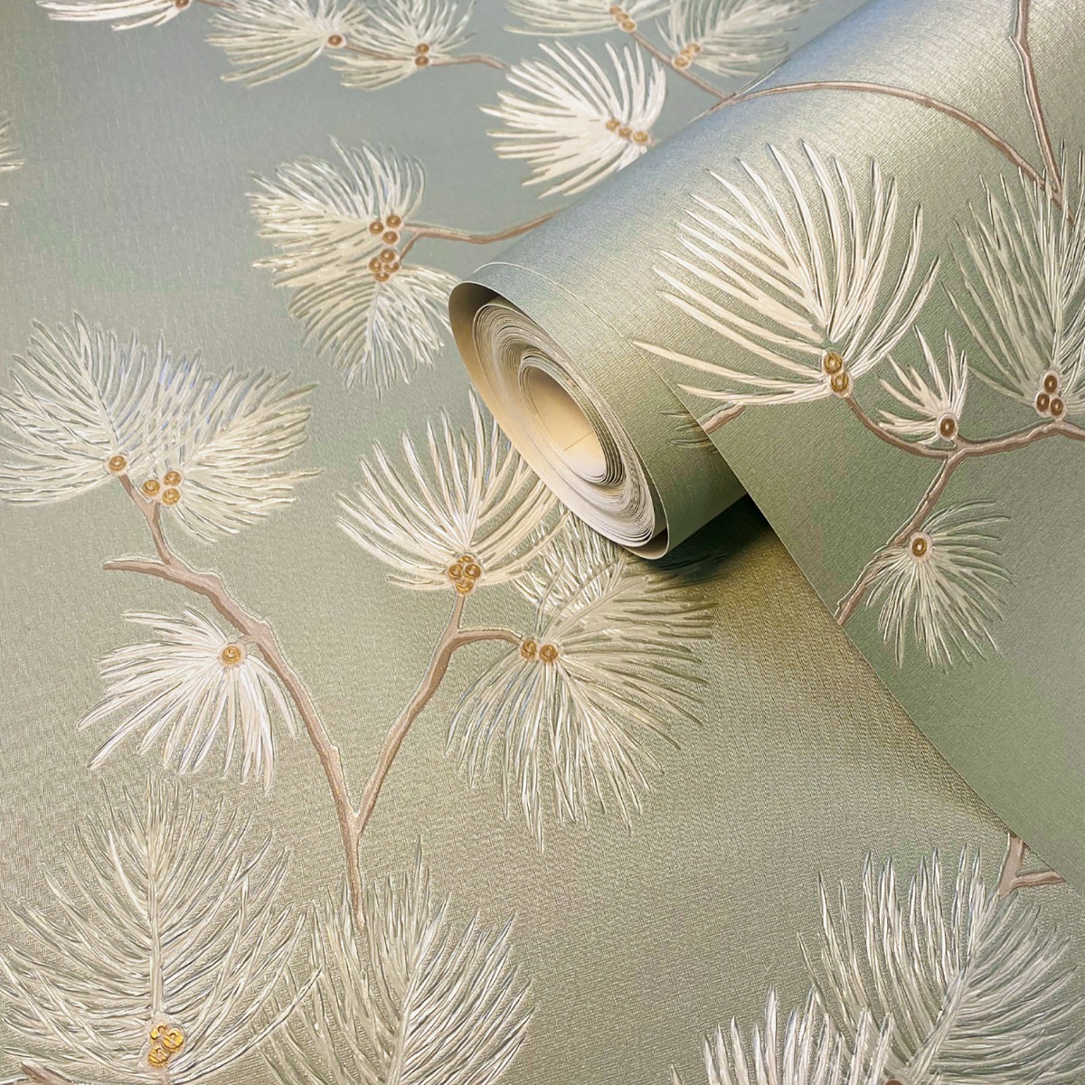 Valentino Pine Textured Vinyl Wallpaper Sage Green Belgravia 1936