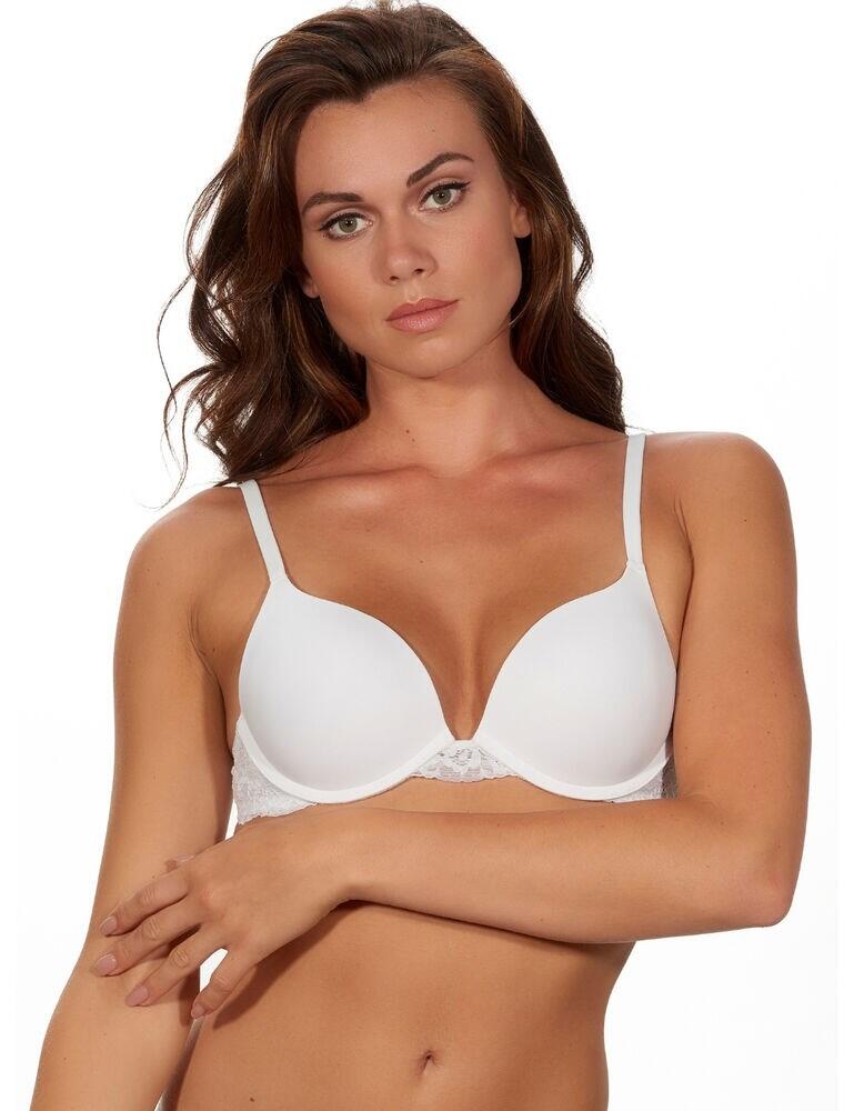 Add this modern everyday bra by After Eden to your lingerie collection. The Basic collection is now completely sustainable and crafted from recycled materials while still remaining smooth and soft against your skin. The two-way boost bra features double gel booster pads to accentuate your shape and flatter the bust. Along with the underwire, plunge cups, your breasts are lifted upwards and forwards, giving an incredible shape. The shoulder straps are adjustable for an individual fit and it fastens with a hook and eye closure at the rear.  Timeless and modern design Double gel boosted padding Underwire plunge cups Adjustable shoulder straps Hook and eye closure Composition: 81% polyamide &pipe; 19% elastane Listed in UK sizes  46928-85895-1158139 7001 White Padded Bra