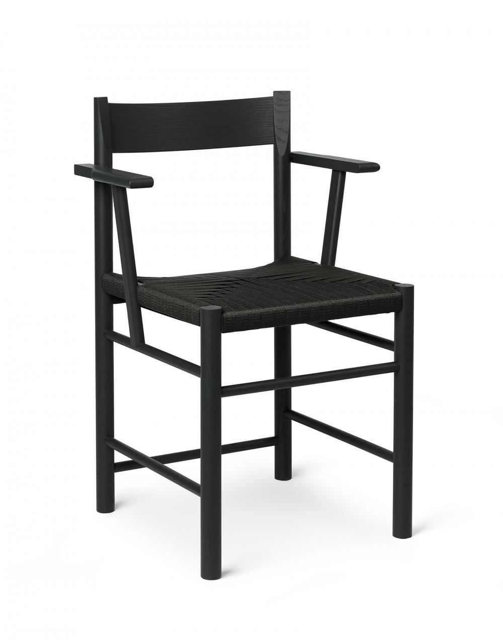 F Dining Chair Black Painted Ash Polyester Weaved Seat With Armrest