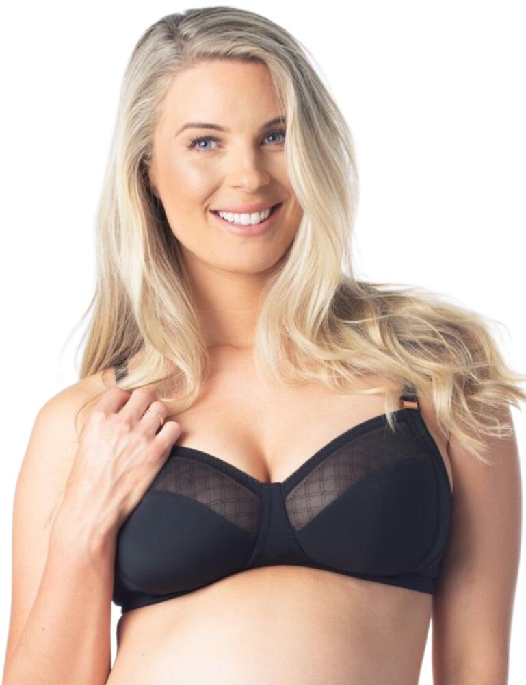 The Lunar Eclipse range at Hotmilk offers this simply beautiful bra that gives you all the features you need from a nursing bra with subtle detailing for a feminine look. The cups are wire-free for a soft wear, whilst keeping supportive features in a full cup design and side panels that centres the bust. The cups are four-piece so give great support to all bust sizes. The top cup features a contemporary graphic sheer mesh with line pattern for some detailing. The drop down cups for breastfeeding have magnetic clips for an ease of use.  Comfortable and contemporary design Non-wired Full cup style 4-piece cups with side panel Sheer mesh top cup Magnetic clip drop down cups Wide hook and eye closure Adjustable straps Composition: 90% Nylon &pipe; 10% Elastane Listed in UK sizes  49385-89466-1200829 LEB Maternity Bra
