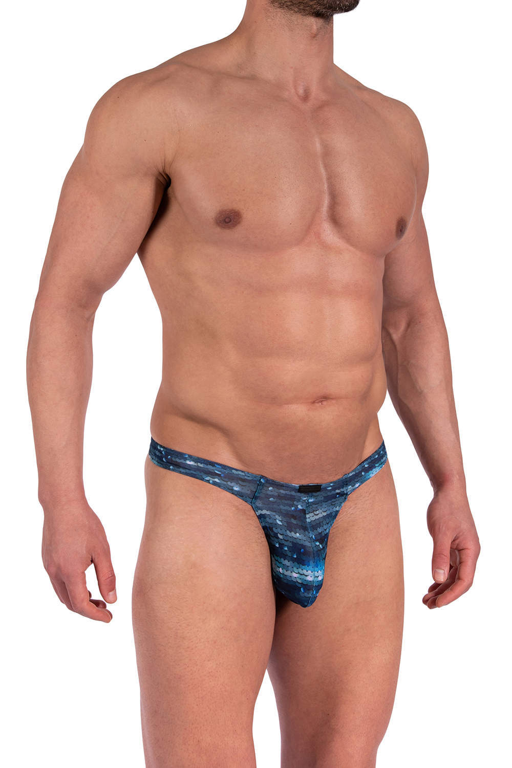 Shop semi see through Manstore M2371 Bungee String men’s enhancing pouch underwear. A sexy mesh male thong brief in blue mermaid scales. Buy online