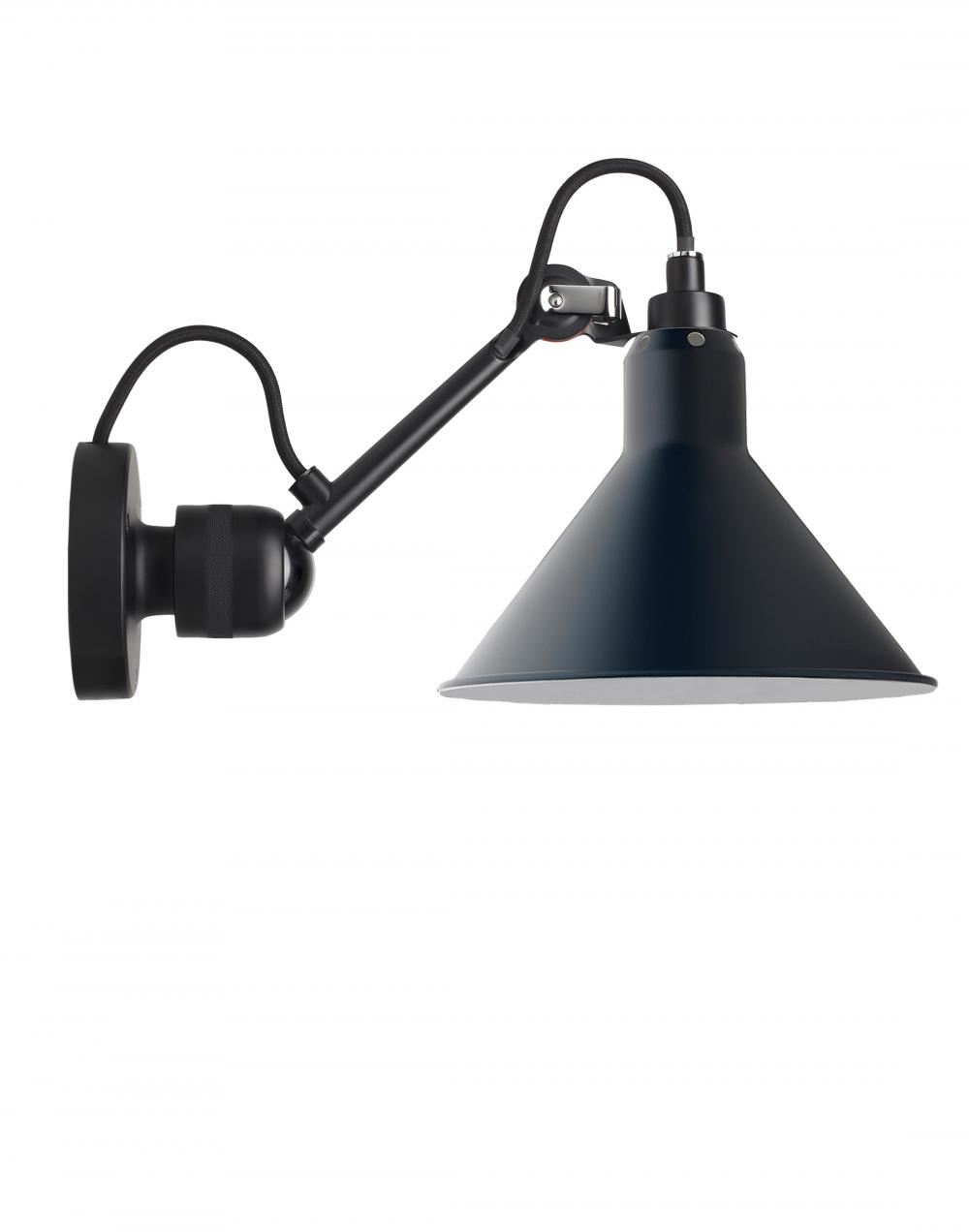 Lampe Gras 304 Small Wall Light Black Arm Blue Shade Conic Hardwired