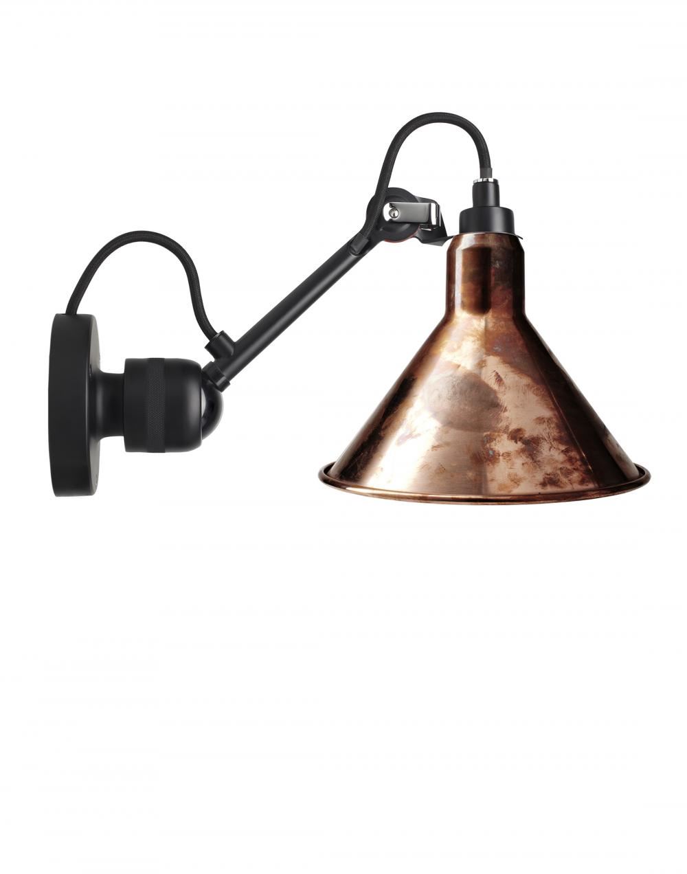 Lampe Gras 304 Small Wall Light Black Arm Raw Copper Shade With White Interior Conic Hardwired