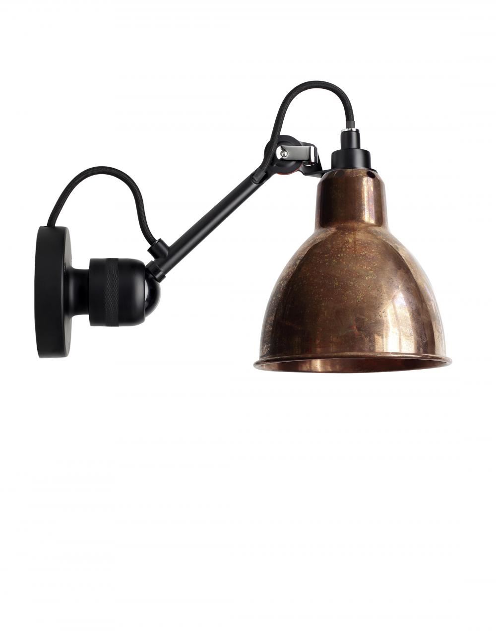 Lampe Gras 304 Small Wall Light Black Arm Raw Copper Shade With White Interior Round Hardwired