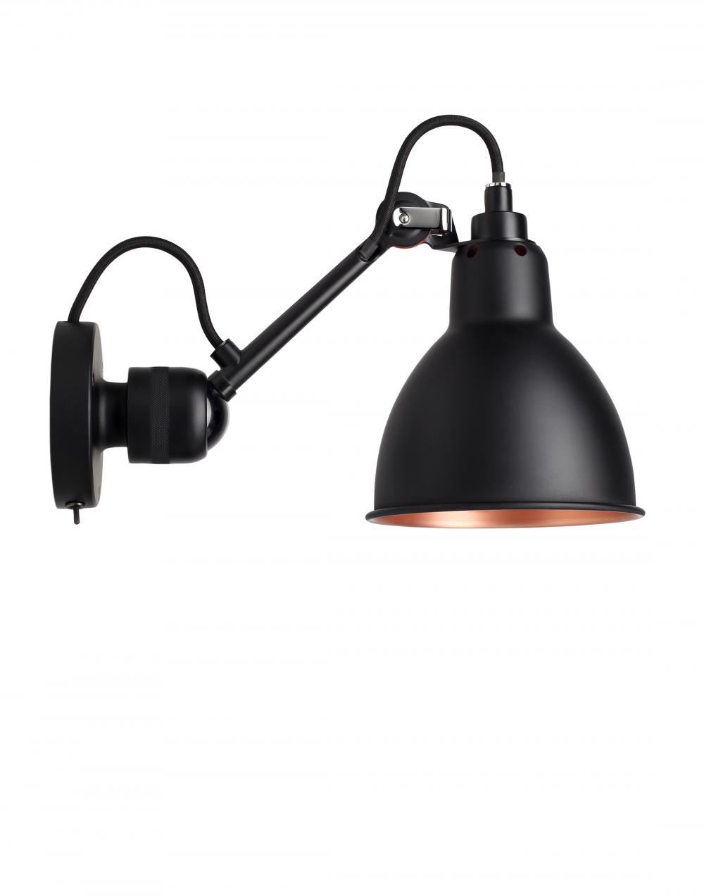 Lampe Gras 304 Small Wall Light Black Arm Black Shade With Copper Interior Round Integral Switch