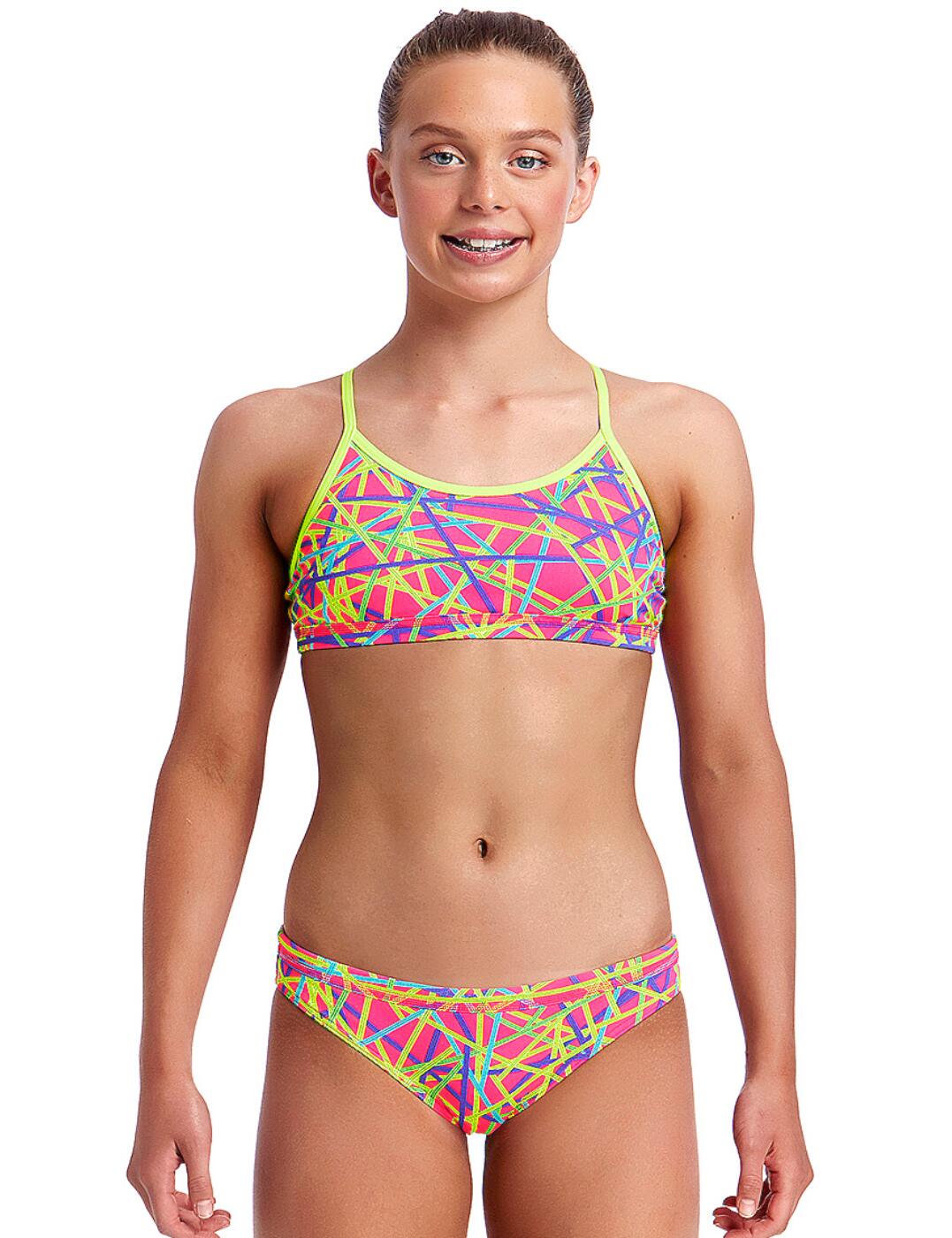 Introducing Funkita swimwear for girls, offering truly funky and fabulous poolside attire! Made from super soft fabric and decorated in an all-over quirky print, this bikini set this bikini set is sure to make you stand out amongst your friends!  Fun and funky design! Comfortable and contemporary fit and feel Chlorine resistant Covered in a fun and girly print! Crop top is firm fitting and non-wired, suited to sporty girls! Crop top is a secure fit with underbust and waist elastic Drawcord on the bikini brief for optimal fit! Bikini brief offers good rear coverage to preserve modesty All sizes are in AGE Composition:- 100% Polyester Listed in UK sizes  32141-59662-763458 FS02G02006 Bikini Set