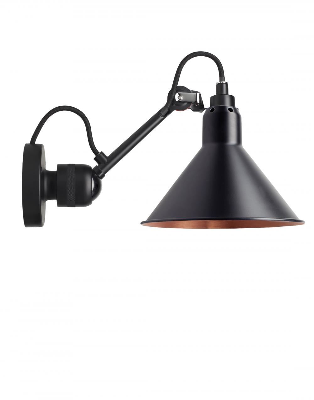 Lampe Gras 304 Small Wall Light Black Arm Black Shade With Copper Interior Conic Hardwired