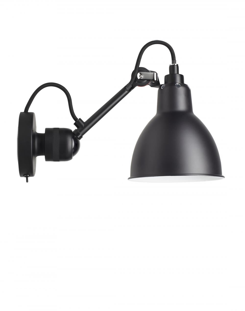 Lampe Gras 304 Small Wall Light Black Arm Black Shade Round Integral Switch
