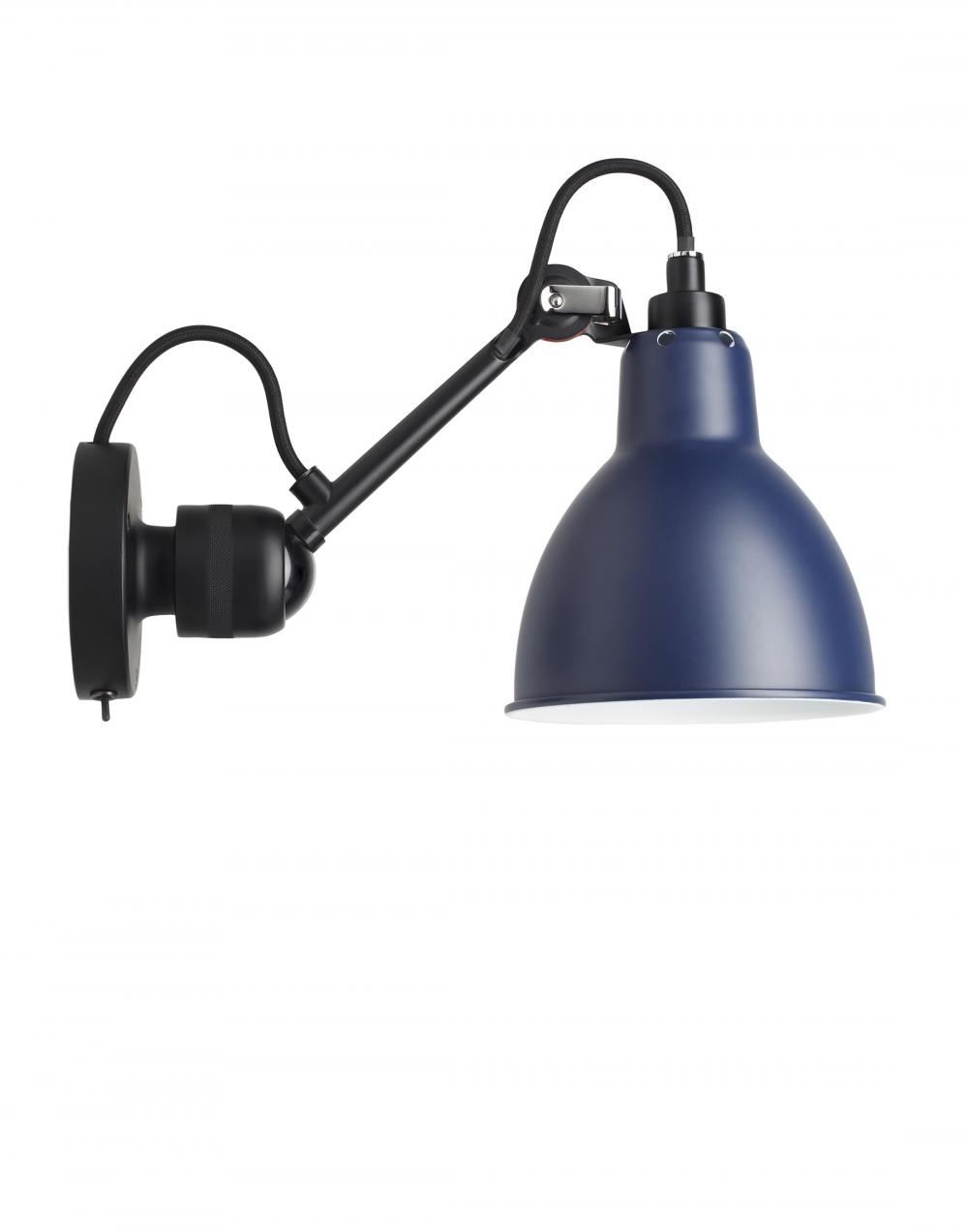 Lampe Gras 304 Small Wall Light Black Arm Blue Shade Round Integral Switch