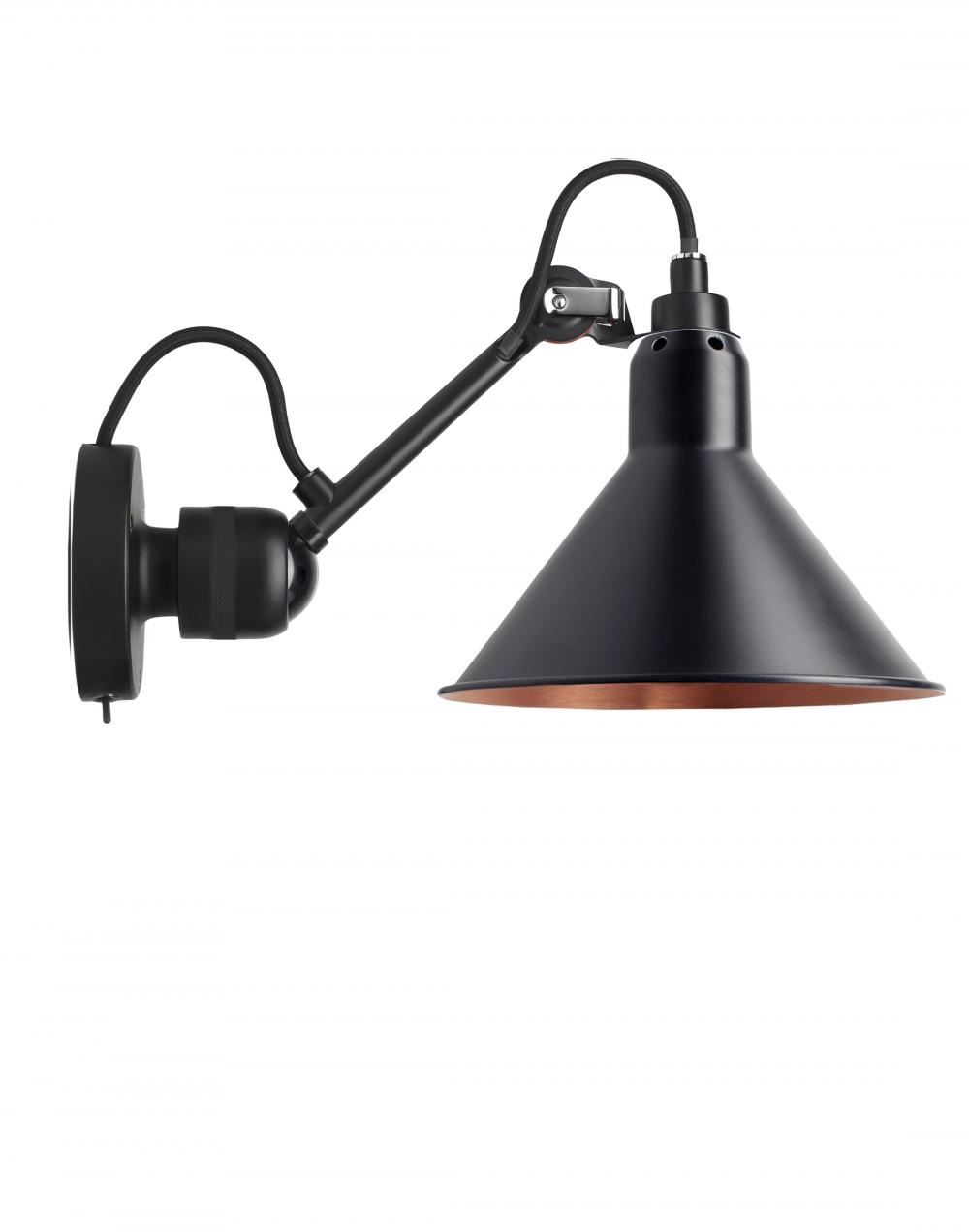 Lampe Gras 304 Small Wall Light Black Arm Black Shade With Copper Interior Conic Integral Switch