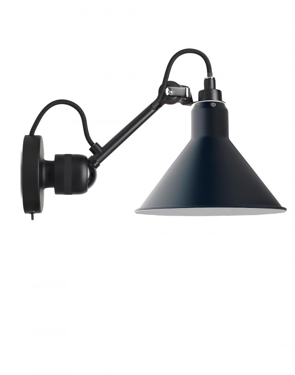 Lampe Gras 304 Small Wall Light Black Arm Blue Shade Conic Integral Switch