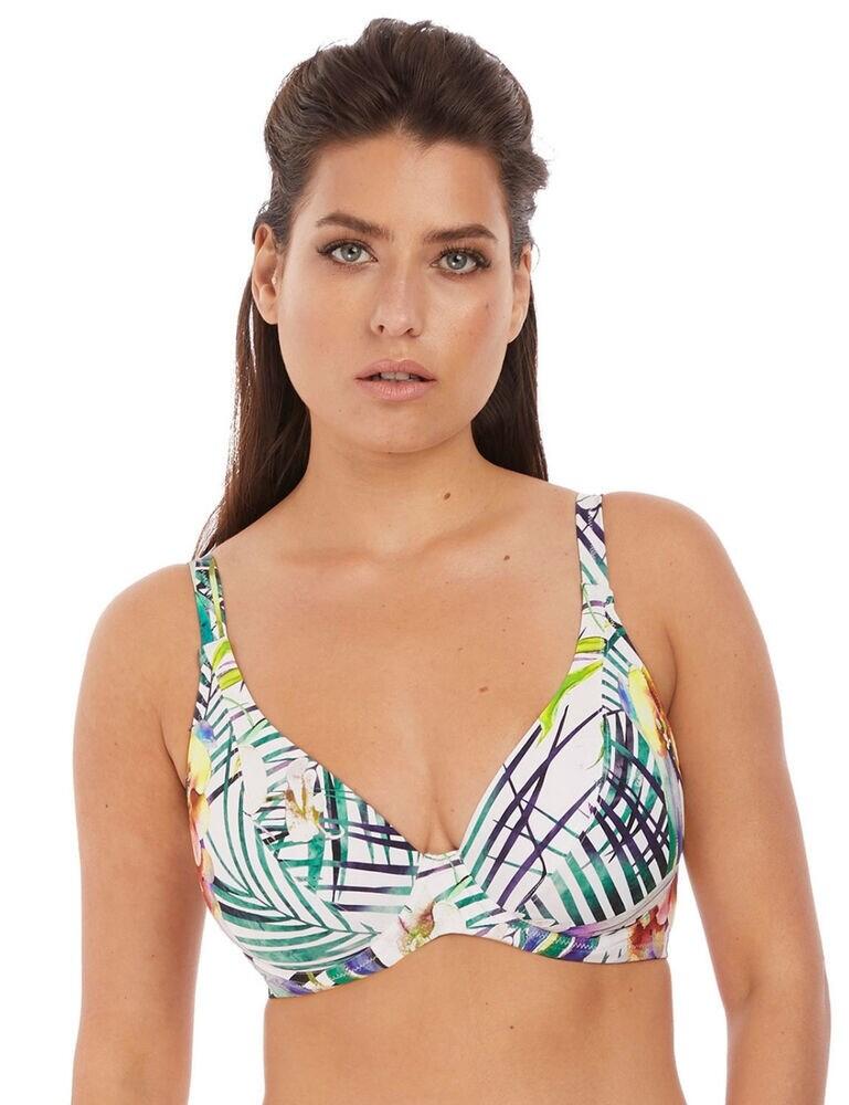 Dazzle on your next holiday with this tropical bikini top from Fantasie's Playa Blanca collection. The stunning pattern showcases a botanical-inspired tropical print, perfect for any holiday or if you just want to stand out at your local pool. This bikini top features a plunging neckline to accentuate the cleavage, whilst also incorporating a lined cup for additional support, so you can ooze confidence whilst wear. The straps are fully adjustable and convertible to allow you versatility for back styling. Being made from premium Italian fabrics and concealed stitching for a clean neck edge, you can feel supreme comfort and style. Accompany this with a matching print pair of bikini briefs!  Botanical inspired tropical print Plunge neckline Lined cups for support Fully adjustable and convertible straps for cross-back and over the shoulder styles Clasp closure at the rear Concealed stitching at neck edge Composition:- 83% Nylon/Polyamide &pipe; 17% Elastane Listed in UK sizes  47187-86224-1154489 6921 Plunge bikini top