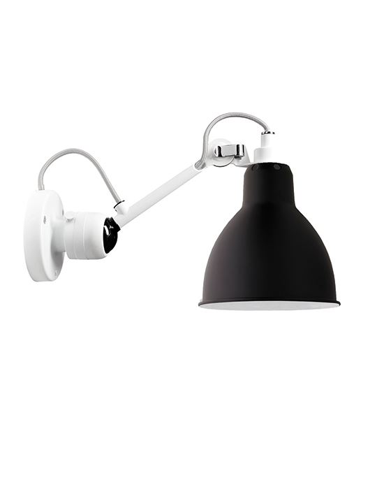 Lampe Gras 304 Small Wall Light White Arm Black Shade Round Shade Hardwired