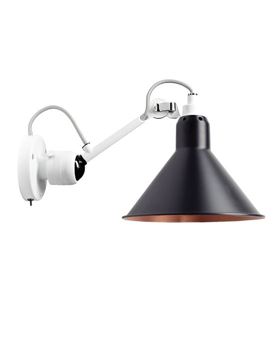 Lampe Gras 304 Small Wall Light White Arm Black Shade With Copper Interior Conic Integral Switch