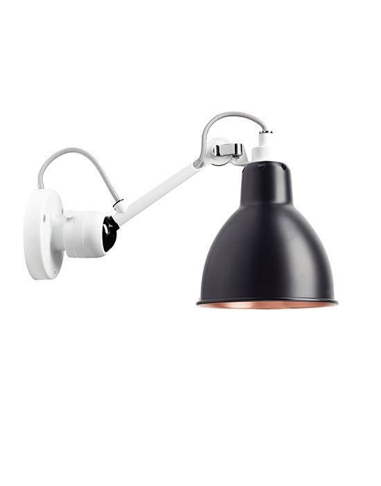 Lampe Gras 304 Small Wall Light White Arm Black Shade With Copper Interior Round Shade Hardwired