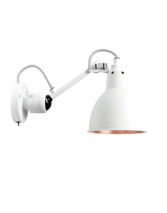 Lampe Gras 304 Small Wall Light White Arm White Shade With Copper Interior Round Shade Integral Switch