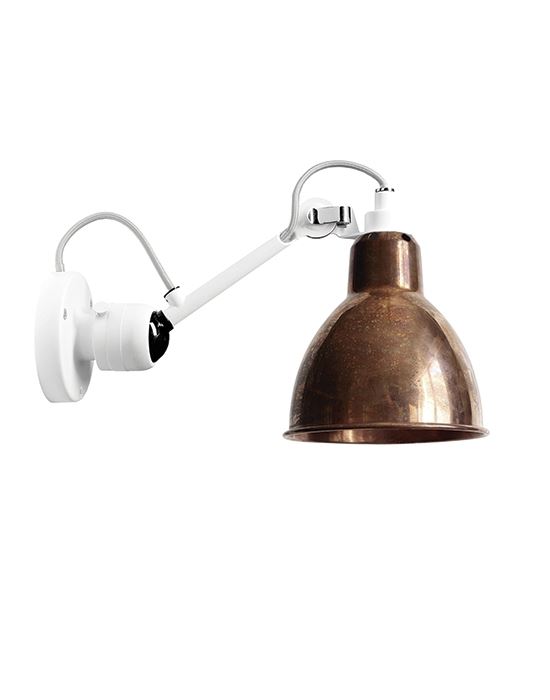 Lampe Gras 304 Small Wall Light White Arm Raw Copper Shade With White Interior Round Shade Hardwired