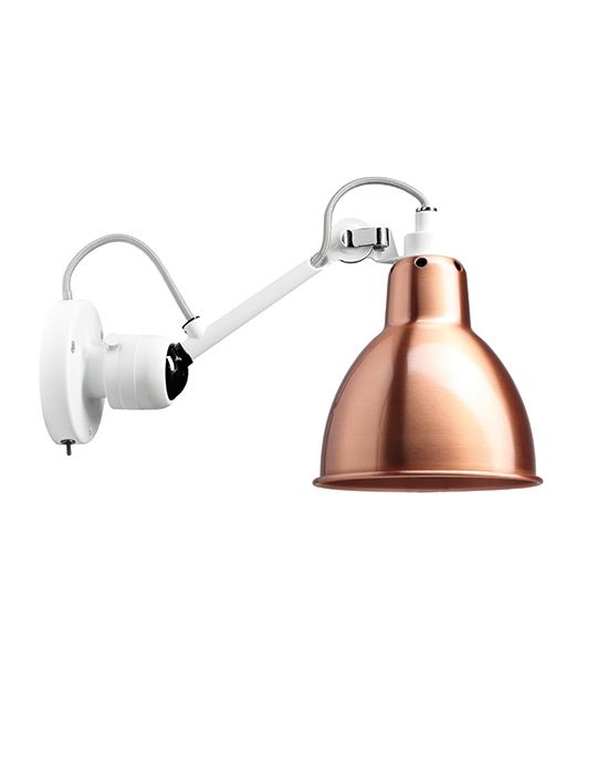 Lampe Gras 304 Small Wall Light White Arm Copper Shade With White Interior Round Shade Integral Switch