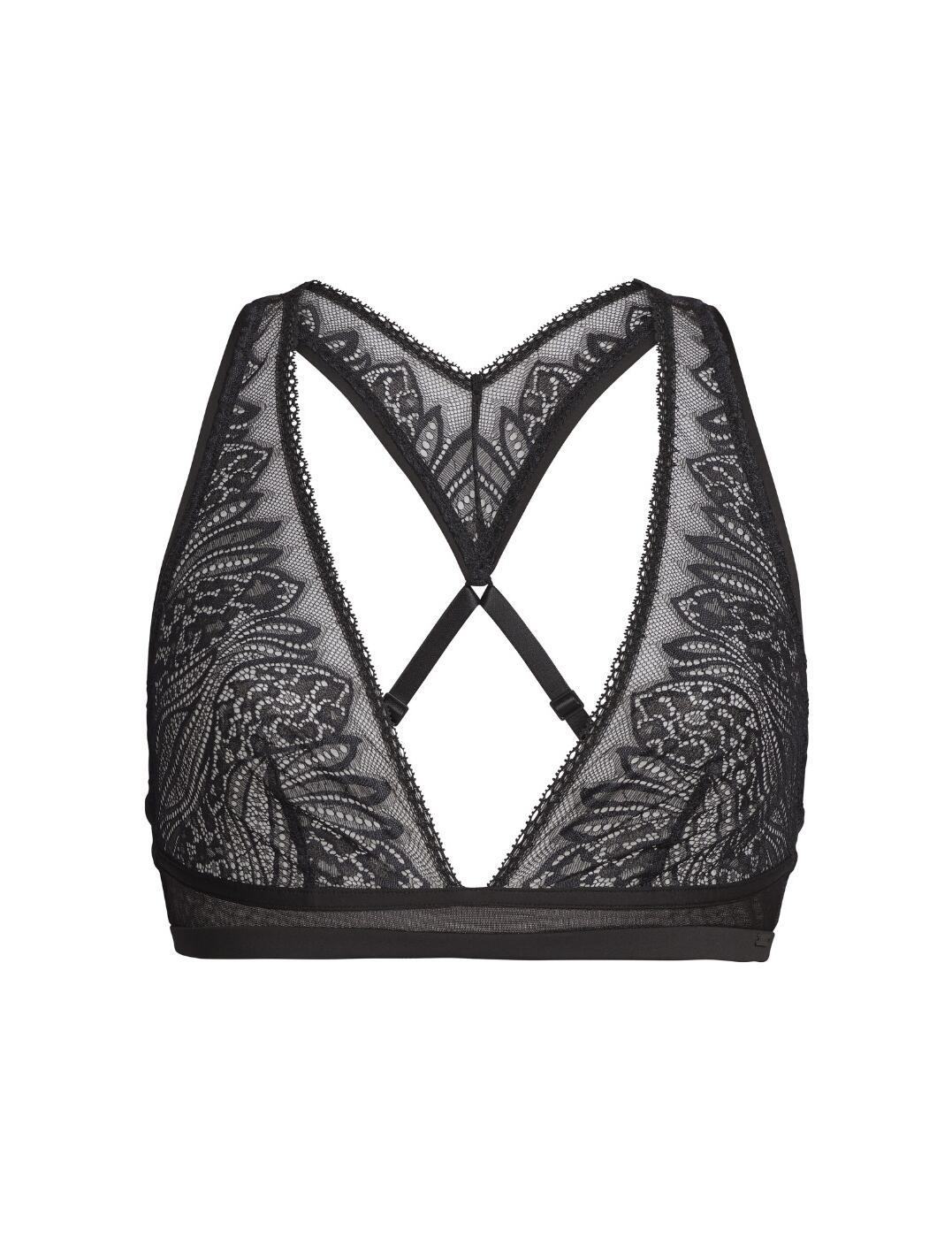 Enhance your lingerie collection with this beautifully feminine bralette from the CK Black collection at Calvin Klein. This luxury bralette is made from a floral semi-sheer stretchy lace, featuring a plunging neckline, giving it an utterly sensual appearance. With no cups, no padding and being unlined, you can have a natural thin feel, yet still supported with the elastic underband. The racerback style is a fashionable update to the standard racerback and offers great movement of the shoulders.  Feminine and stylish bralette All-over detailed floral lace Racerback style Plunge neckline No cups, padding or lining Elastic underband for support Adjustable straps and hook and eye closure Composition:- 87% Polyamide &pipe; 13% Elastane Listed in UK sizes  47319-86385-1158250 QF5877E (001) Luxury bralette
