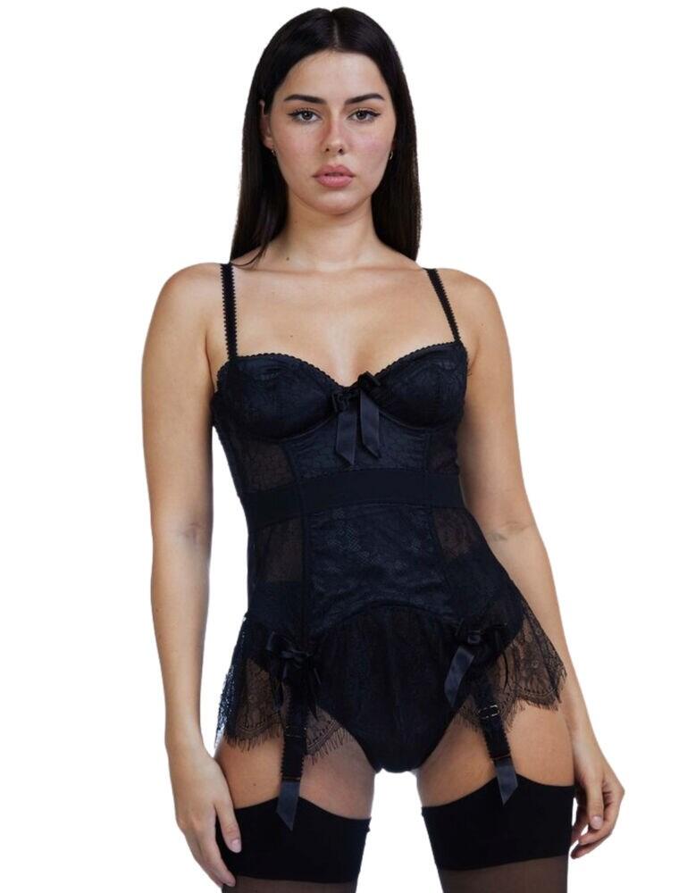 Seduce with ease wearing the Tempest basque by Bettie Page. Designed to hug and flatter your curves with intricate lace upon smooth satin and adorned with oversized bows. The half-cups are underwired for support and uplift while the shoulder straps allow for an adjustable fit. An elastic waist tape enhances the silhouette and this exquisite design is finished with four adjustable suspender straps for your favourite stockings.  Satin and lace basque Eyelash lace skirt 4 suspender straps Hook & eye closure Underwired cups Adjustable shoulder straps Composition:- Mixed fabric content Listed in UK sizes  47290-86437-1148237 BP088  Lace Basque With Bows