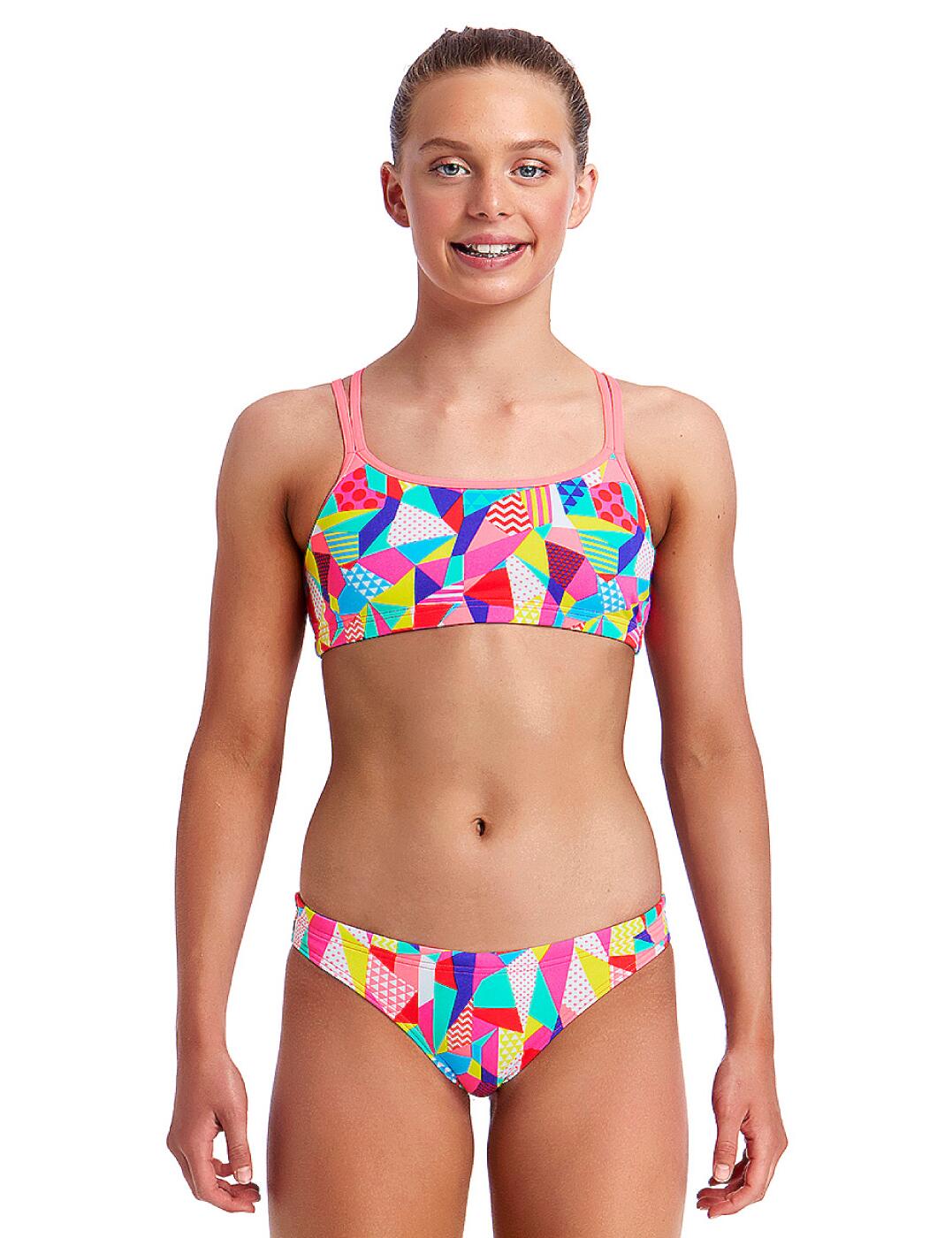 Stand out from the crowd in this season's stunning new Funkita collection! Offering a comfortable fit, this two piece set is plastered in a fun and quirky print that is sure to get you noticed amongst friends! The bikini top has a double strap crossover at the back and the bikini brief offers excellent and firm rear coverage with a hidden drawcord to ensure a perfect fit.  Fun and funky design Comfortable fit Contemporary print 100% Chlorine resistant Two piece set features a bikini top and bikini briefs Hidden drawcord in the brief for a perfect fit! Double strap crossover at the back of the bikini top Built in UV protection Ideal for leisure or training Composition:- 100% Italian polyester Listed in UK sizes  32381-60063-772068 FS33G01994 Criss Cross Bikini Set
