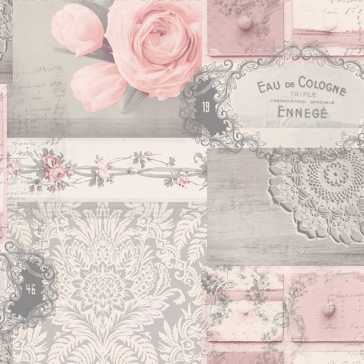 Crown Wallpapers Decoupage Patchwork Floral Wallpaper Flowers Pink Grey Silver Metallic, Grey