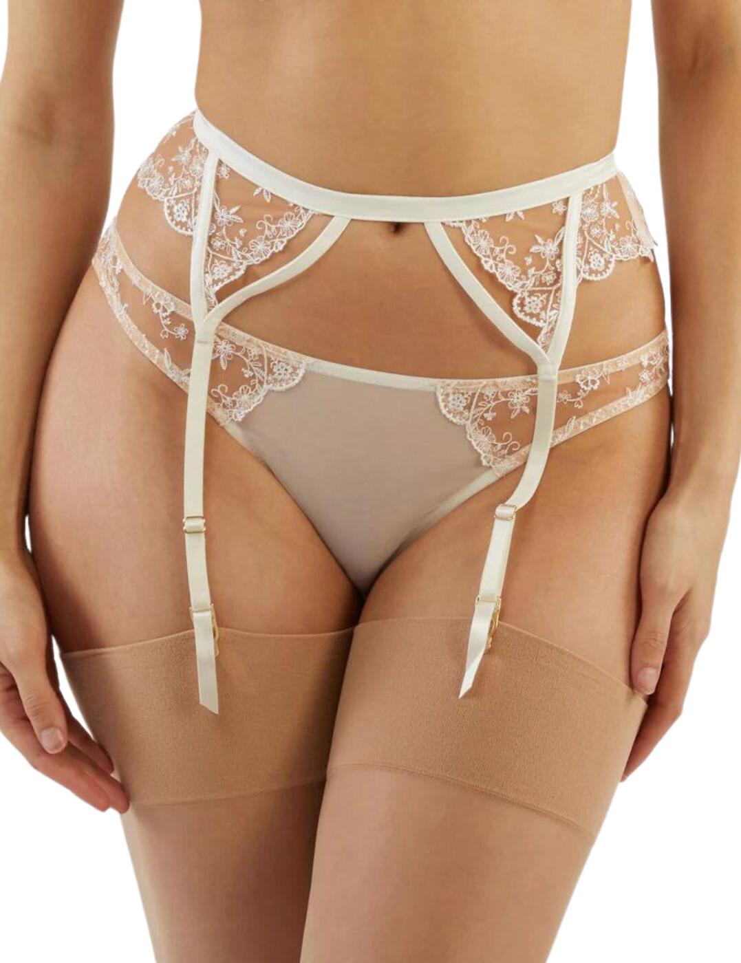 Complete your lingerie look with this flirty suspender from the Cassia range by Plyful Promises. If you have any of the other items from the Cassia range you need this, with feminine embroidery along the front and sides and satin soft fabric all over the strappy suspender. It closes at the back with a mini hook and eye closure, elasticated waist and has 4 adjustable suspender straps making it easy to create your perfect fit for stockings if you desire.  Flirty suspender Feminine embroidery on mesh fabric Satin fabric throughout Strappy design Mini hook and eye closure at the rear Elasticated waist 4 adjustable straps Country of origin: China Composition: Main: 95% Polyester &pipe; 5% Elastane Composition: Main 2: 66% Polyester &pipe; 34% Polyamide Listed in UK sizes  58911-103468-1359437 PPSB3212 Suspender