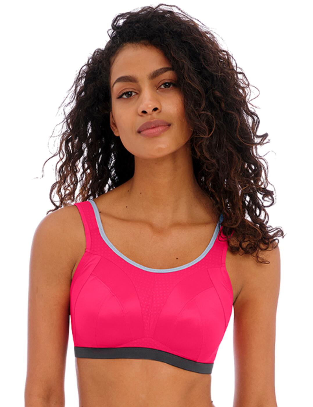 Workout in style this season with Freya Active's iconic Dynamic range. This non-wired sports bra is the perfect gym partner, crafted from moisture-wicking fabric that allows your skin to breathe during high-intensity workouts. This piece features a full coverage look for a secure fit with the wire-free, double-layer inner cup providing a shaped and supported look. The padded straps are fully adjustable and boast a J-hook rear fastening meaning this piece can be converted into a racerback style for increased freedom of movement, so versatile! The hook and eye rear fastening are smooth against your body and the seams of this sports bra are soft to reduce friction against your body. A wide elasticated underband offers a snug fit and provides comfort and anchorage under the bust.  Designed for high-intensity workouts Wire-free Shapes and supports the bust Breathable moisture-wicking fabric Wide underband for comfort Soft seams Double-layer inner cup Full coverage cups Adjustable padded shoulder straps Hook and eye closure on rear J-hook fastening for a racerback option Country of origin: Sri Lanka Composition: 71% Polyamide &pipe; 24% Polyester &pipe; 5% Elastane Listed in UK sizes  58760-103253-1353037 4014 Sports Bra