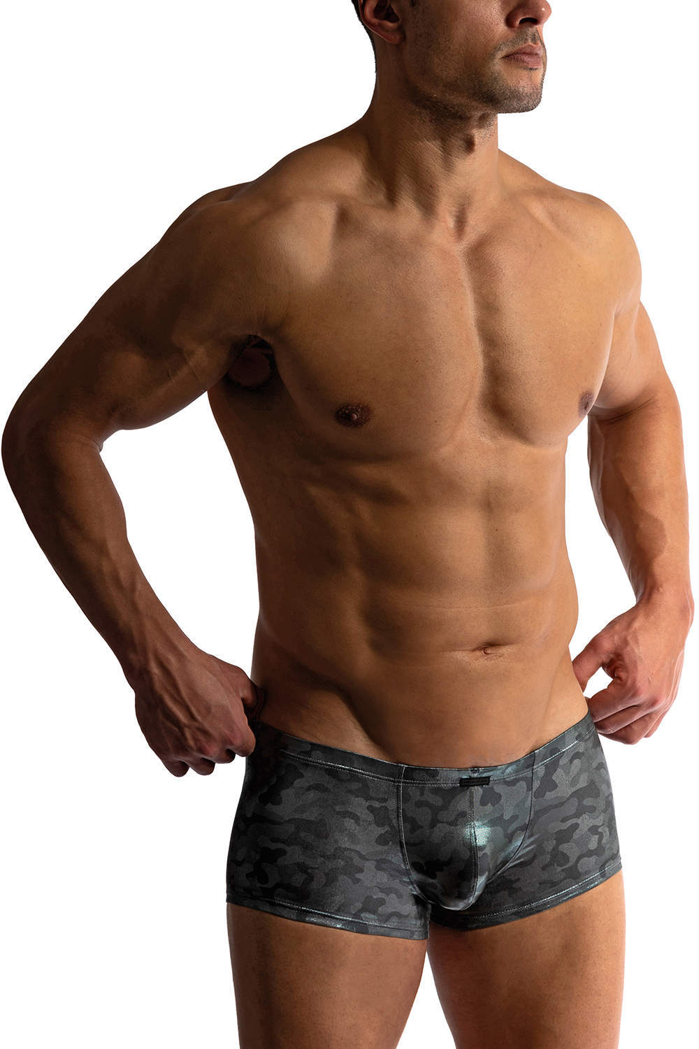 Shop Manstore M2414 Micro Pants men’s underwear boxer briefs in shiny camouflage. Sleek male trunks shorts in a subtle print with a hint of metallic